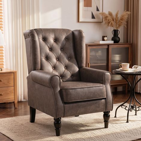 Fauteuil Lounge en Cuir Synthétique pour Chambre, Assise Large, Accoudoirs et Piètement en Bois d'Eucalyptus, Teinte Marron, Lot Unique (1/5)