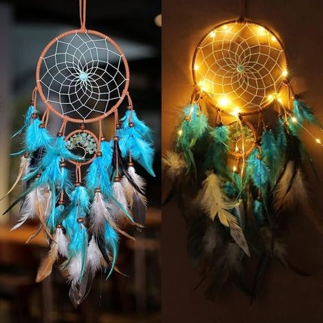 Dreamcatcher with Lights, Children's Room Decoration, Handmade, Luminous Dreamcatcher, Feather Tapestry, Bohemian Style, Home Bedroom Wall Hanging, Wedding Decoration (1pc) (1/3)