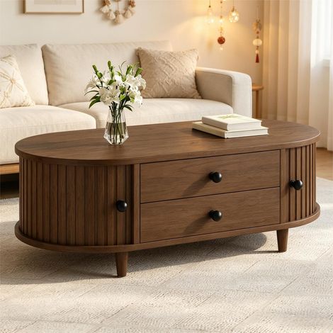 Table basse ronde 100x50x36 cm – Table salon en MDF effet noyer avec portes coulissantes, 2 tiroirs et pieds en bois massif, table d'appoint 50 kg (1/5)