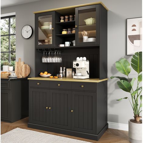 Aparador alto 120 x 40 x 191 cm con puertas de cristal, botellero y tomas USB OKMYHOME (1/5)