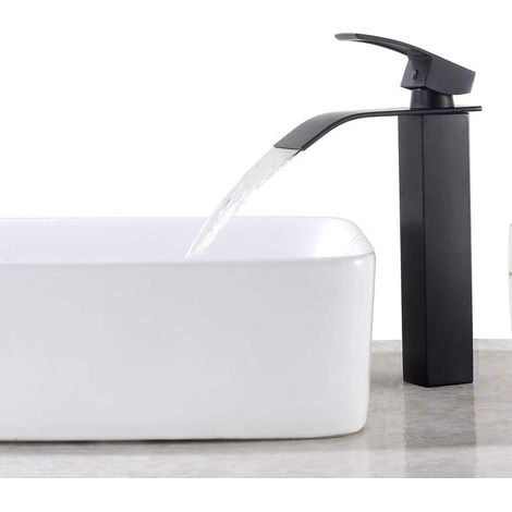 Robinet de Salle de Bain Cascade à Levier Unique Noir, Mitigeur de Lavabo Carré Laiton, Haut Mitigeur Vasque à Poser Eau Chaude et Froide (1/5)