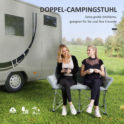 Chaise de camping pliante double avec repose-bras et poche latérale, capacité max 240 kg, grise (1/4)