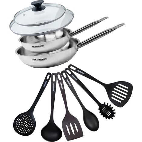 Set de 2 poêles de 24 et 28 cm en inox, 2 couvercles en verre et 6 ustensiles Fackelmann Eterna (1/5)