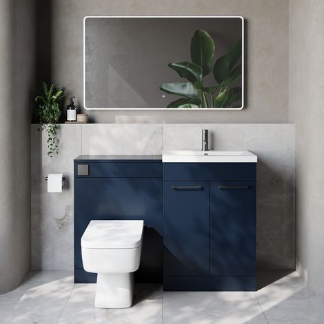 Napoli 390 Cento Deep Blue 1200mm 2 Door Vanity Unit Toilet Suite with Glide Basin - 1200mm - Gunmetal Grey 160mm HandleWith Kingston Toilet Pan and Seat