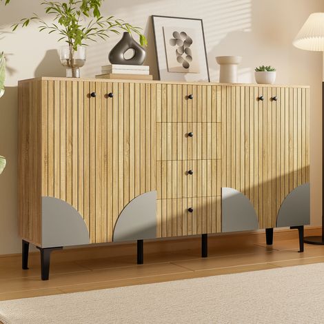 Credenza in truciolare effetto legno, 4 ante e 4 cassetti, 160 x 36 x 94 cm