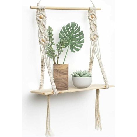 Etagere Murale Bois Macramé Boheme Deco Plantes Simple Houppe Manuel Tissé Chambre Salon WC Etagere Suspendue Corde (1/5)