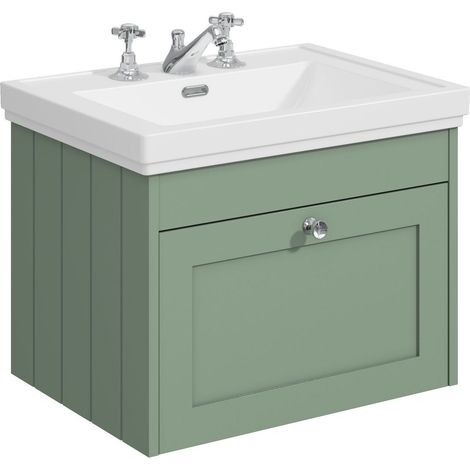 Balterley Butterton 600mm Wall Hung 1 Drawer Unit with Classic Basin 3 Tap Hole - Satin Green (1/4)