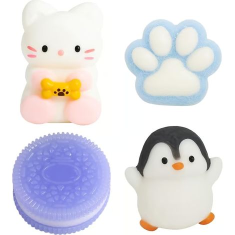 SSKHE Ensemble de 4 Taba Squishy sandwich violet, patte de chat bleue, pingouin noir et blanc, chaton blanc jouets comprimables anti-stress violet, bleu, noir et blanc, blanc (1/5)