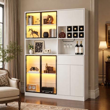 Vitrina con LED de 140x30x200 cm, 7 puertas, 1 cajón, 9 huecos abiertos y botellero con soporte para copas, armario expositor blanco para salón – CHICFURN (1/5)