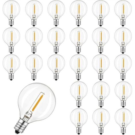 Lot de 25 ampoules LED G40 sphériques en verre, étanches IP44, lumière blanc chaud, compatibles avec les guirlandes lumineuses, 0,6 W, 220-240 V, culot E12, 2200 K, pour usage extérieur. Guirlande lum (1/4)