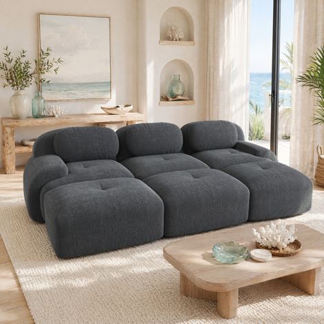 Divano modulare a 3 posti in velluto a coste grigio, senza montaggio, 298 x 178 x 70 cm, OKWISH (1/5)