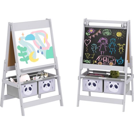 Tableau Chevalet Enfant Double Face Ardoise Craie et Blanc avec Rouleau de Papier et 2 Paniers 54x46,5x93 cm Gris (1/5)