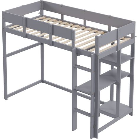 CAIziLit mezzanine 90x200 cm pin massif étagère, sommier, gris (1/5)