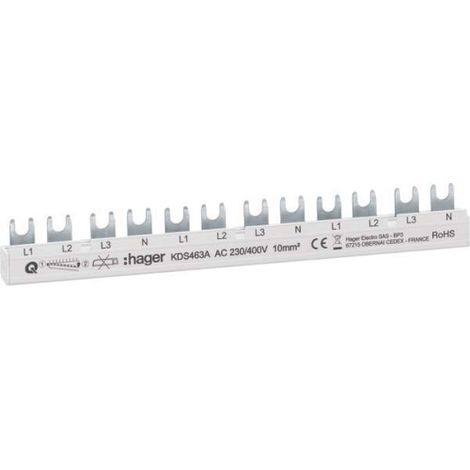 JEU DE BARRES 12 MODULES 63A L1L2L3N-L1L2L3N - JEU DE BARRES PHASE 3-P 10MM² 215MM HAGER KDS463A