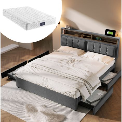 DESVIAE Lit double rembourré 160 x 200 cm avec matelas ressorts 720 mousse tête de lit réglable USB Type C prises 4 tiroirs rangement sommier à lattes en bois gris (1/5)