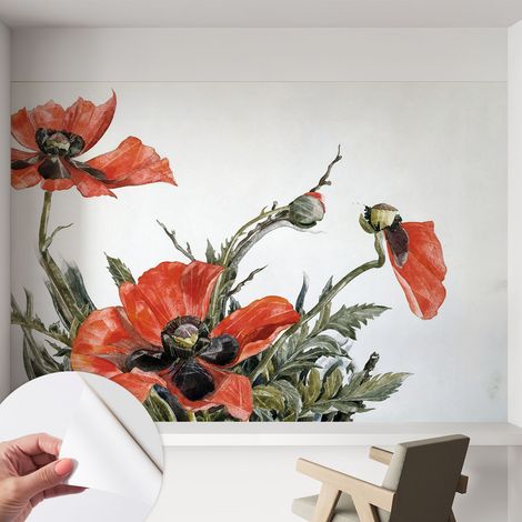 Papier peint adhésif avec colle pour décoration moderne de salon chambre à coucher cuisine et bureau Facile Coquelicots rouges 152x104 cm (1/5)
