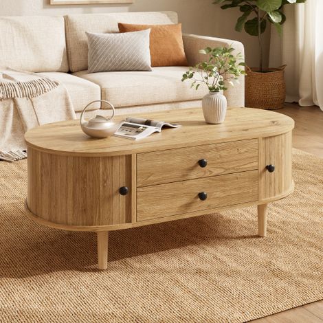 Modernluxe - Table basse ovale 100x50x40 cm - Design rayé - 2 portes coulissantes et 2 tiroirs - MDF - Naturel (1/5)