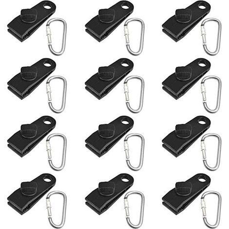 24 pinces pour tente, auvent et bâche, pour maintenir les bâches, pinces de camping en plastique avec mousqueton en acier inoxydable (noir) (1/5)