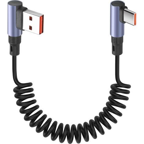 Câble en spirale USB A vers USB C à 90 degrés 1 m 6A/65W Charge rapide et transfert de données Câble court droit de type C rétractable pour téléphone, PC, Android Auto (USB A angulaire (1/5)