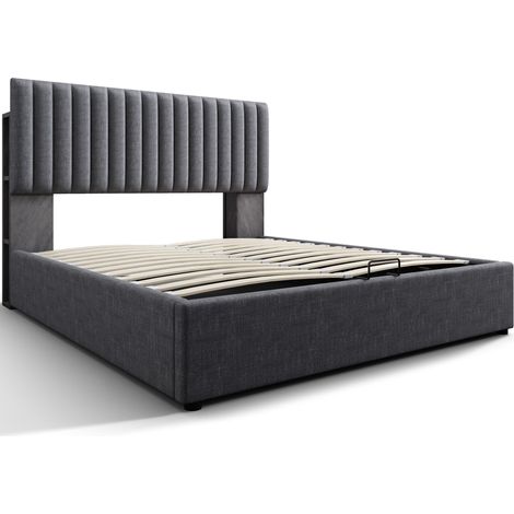 Cama doble tapizada 140x200 cm con arcón, LED y puertos USB Tipo-C, gris (1/5)