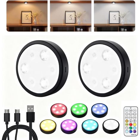 Lampe LED Rechargeable Cuisine Sans Fil Lumiere Sous Meuble Placard Eclairage Spot Led avec Telecommande, 3 Températures de Couleur et 7 RGB Color Magnétique Dimmable éclairage Spécial Lumière (1/5)