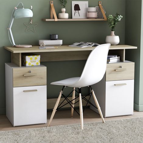 Bureau 2 portes et 2 tiroirs coloris chêne clair et blanc - BU223 (1/5)