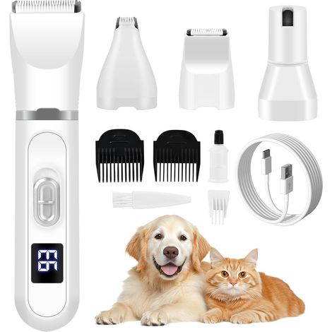 4 In 1 Tondeuse Chien Tondeuse Chat Sans Fil Tondeuse Chien Poil Long Epais Silencieuse Tondeuse avec Ecran LCD Tondeuse Animaux pour Pattes Yeux Oreilles Visage Corps Griffes (Blanc) (1/5)