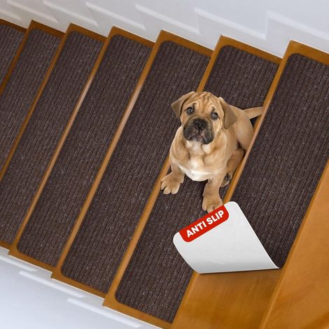Lot de 15 Marchettes d'escalier, 20 x 76 cm , Marron Tapis De sécurité Antidérapant Tapis d'intérieur Antidérapant pour Enfants, Aînés et Animaux