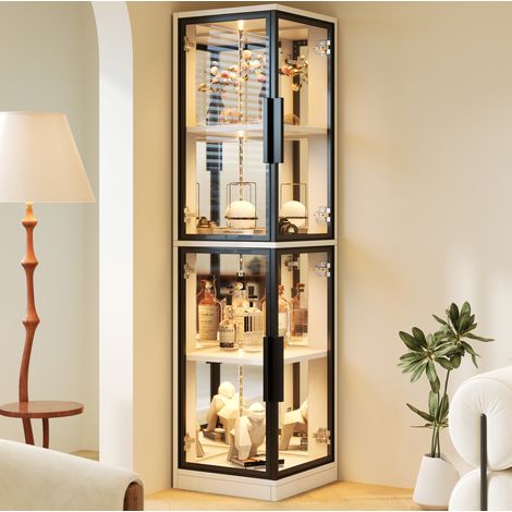 Vitrine d'angle en verre avec éclairage LED multicolore, meuble de rangement et d'exposition, 44x42x164 cm, design moderne, blanc (1/5)
