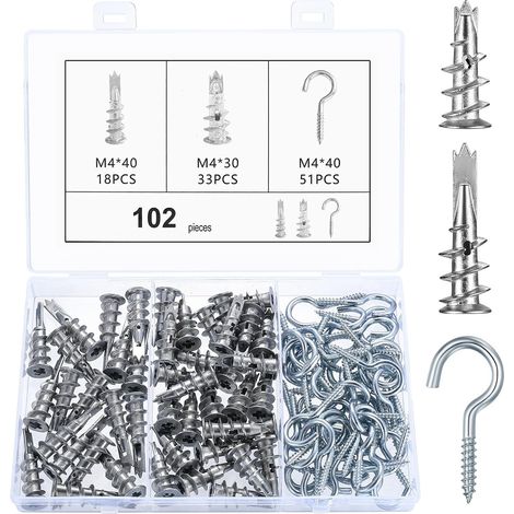 Lot de 102 chevilles métalliques pour corps creux : 51 chevilles M4 pour placoplâtre et 51 crochets à visser avec filetage, chevilles auto-perceuses pour plaques de plâtre, crochets à visser. (1/5)
