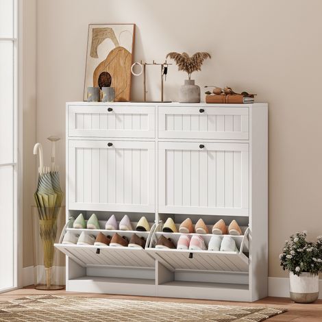 Meuble à chaussures 20 paires. armoire à chaussures étroite avec 4 tiroirs rabattables. 2 compartiments. blanc (1/5)