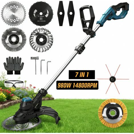 980W Debroussailleuse à Batterie Electrique Brushless 14800 RPM, 7 IN 1 Coupe-Bordures Sans Fil avec 7 Types de Lames Ø300 mm Max, pour la Coupe de Jardin, Pelouse, Compat. Makita 18V(Sans batt.)