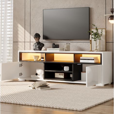 Mobile TV LED 150 x 35 x 50 cm in truciolare, con vani contenitori, bianco e nero DESVIAE (1/5)