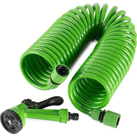 Tubo Irrigazione Spiralato con Pistola Multifunzione 7,5 / 10 / 15 m Estensibile da Giardino con Raccordi Rapidi 10 Metri