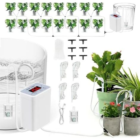 Système d'arrosage automatique d'intérieur pour 16 plantes en pot, kit d'irrigation goutte à goutte avec tuyau de 15 m, système anti-siphon, 16 goutteurs, alarme de basse tension (1/5)
