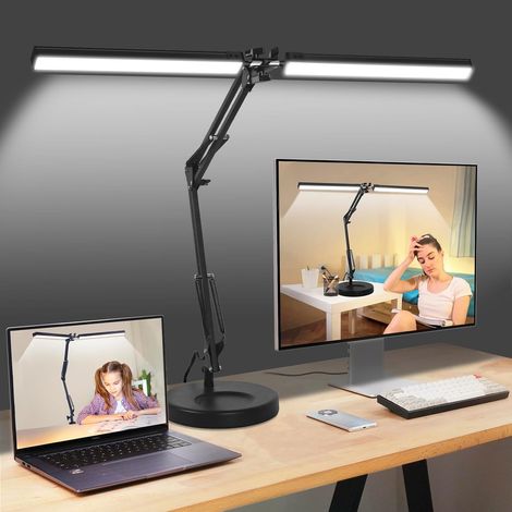 Lampe de bureau LED, 2 en 1 avec protection des yeux et lampe à clip, 3 modes de couleur et intensité variable en continu, lampe de lecture réglable avec fonction mémoire