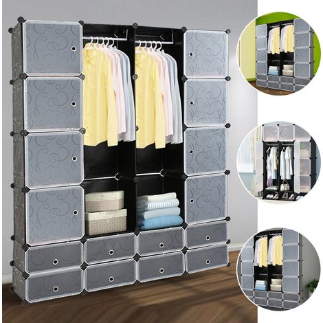 Randaco H.180cm Kleiderschrank DIY Garderobenschrank für Schlafzimmer Miete Zimmer Wäschezimmer, DIY Regalsystem aus Kunststoff - 16+8 Gitter (Schwarz aufdruck) (1/5)