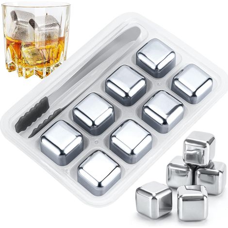 MINKUROW Set Di 8 Cubetti Di Ghiaccio In Acciaio Inossidabile, Pietre Di Whisky Riutilizzabili, Grandi Cubetti Di Ghiaccio In Metallo Con Pinze Per Ghiaccio E Vassoio Per Cubetti Di Ghiaccio Per Uomo/ (1/5)