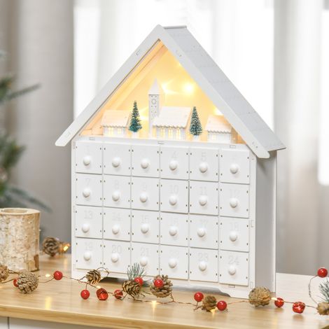 Calendrier 39x9x42cm - de l’Avent en bois à remplir avec 24 tiroirs et Village de Noël avec sapins et lumières (1/4)