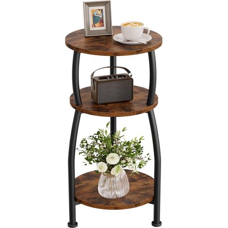 Table d'appoint ronde, fine, à 3 niveaux, petite table d'appoint avec étagère de rangement, table de chevet pour salon, chambre à coucher, petit espace, cadre en métal, vintage, 30 x 55 cm (1/5)