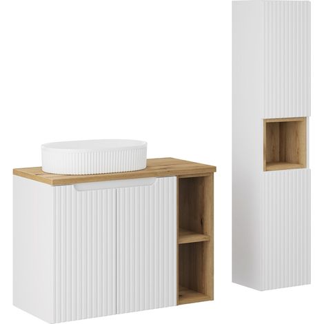 Conjunto mueble bajo lavabo 80cm 2 puertas 2 compartimientos y columna Riva Blanco y Madera