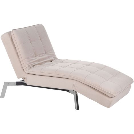 Beliani – Méridienne en velours beige avec dossier réglable 5 positions – Rembourrage mousse 50 kg/m3 – Transformable en lit simple – Pieds métal argenté (1/5)