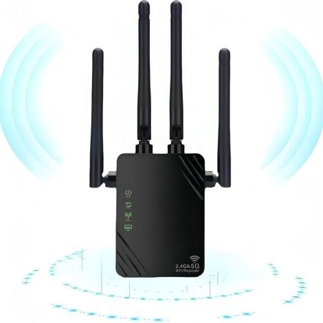 Répéteur WiFi, 2024 Nouveau Amplificateur WiFi, amplificateur WiFi 1200mbps, amplificateur WiFi bi - Bande 5ghz et 2.4GHz, Mode répéteur/routeur/AP, 4 antennes, idéal pour la Maison et Le Bureau (1/5)