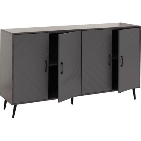 Credenza moderna da 150 cm mobile contenitore effetto marmo grigio con 4 ante motivo a spina di pesce superficie antigraffio gambe in legno massello 040009787