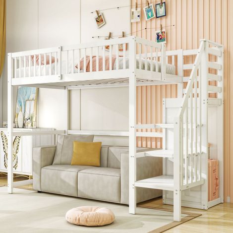Lit mezzanine 90x200 cm en bois blanc avec escalier, étagères de rangement et armoire intégrée (1/5)