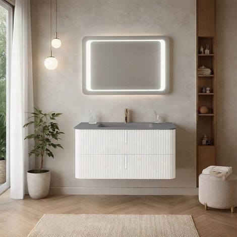 Mobile Bagno Sospeso 100Cm Bianco Opaco Cannettato Con Lavabo In Resina Grigio Hollywood