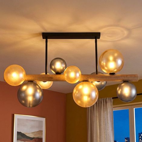 Plafonnier LED noir, abat-jour en bois marron, boules en verre, 9 ampoules, H 150 cm (1/5)