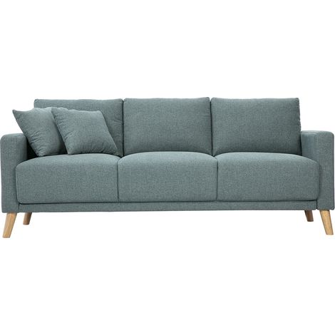 Miliboo – Canapé droit 3 places en tissu vert de gris – Dimensions L193 x P77.5 x H80 cm – 4 pieds compas en hévéa massif – Confort optimal avec 3 couches de mousse
