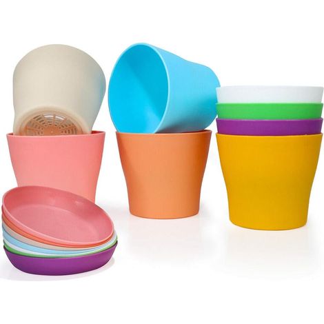 Lot de 8 Pots de Fleurs d'intérieur en Plastique avec Drainage et Soucoupe pour Toutes Les Plantes d'intérieur, Fleurs, Herbes, Plantes Grasses et Plantes suspendues (8 Couleurs) (1/5)