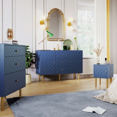 MEUBLIV Mesita de noche azul marino 35x35 cm – puerta con motivo escamas, patas metálicas (1/5)